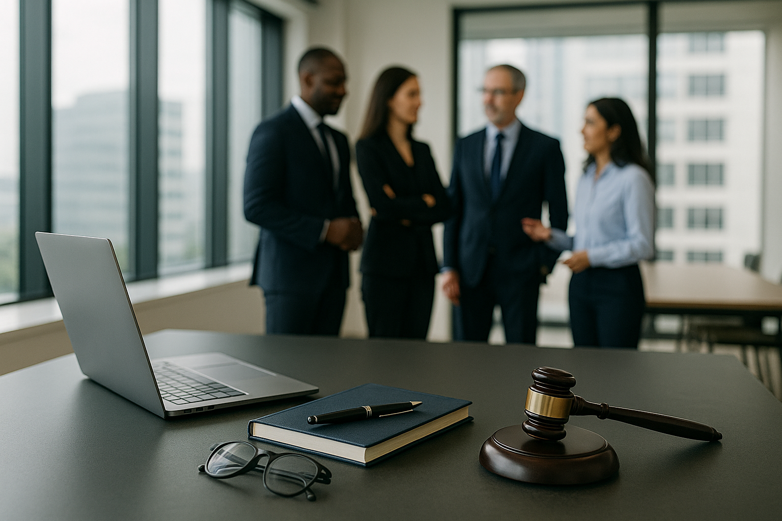 Professional legal and consulting office with laptop, gavel, and business team discussing strategy